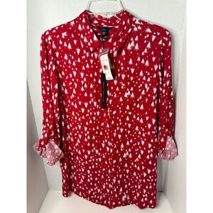 Intro Love The Fit Petite Red White Christmas Tree Long Sleeve Button Down Shirt